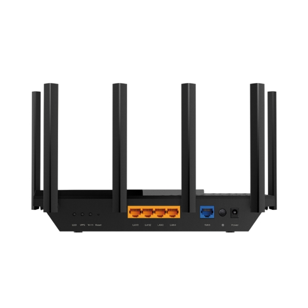 Black router with multiple antennas on a white background