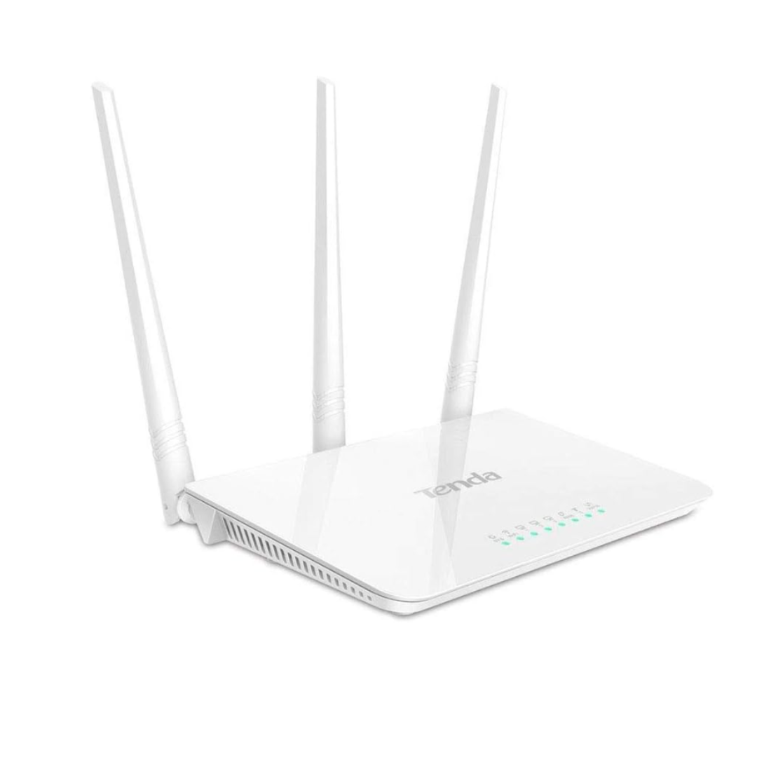 White Tenda router with antennas on a white background