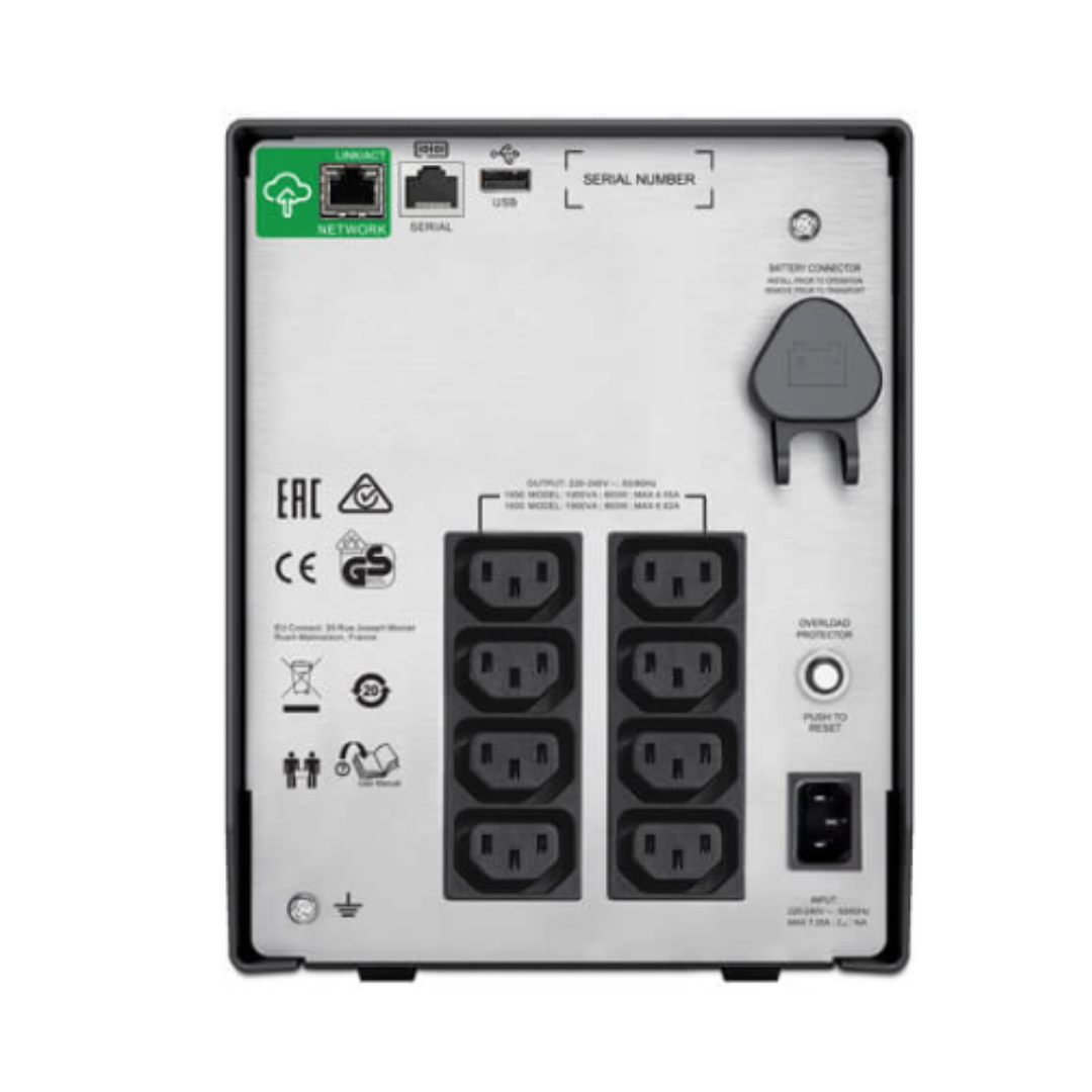 Back view of a power strip with multiple outlets and connectors on a white background