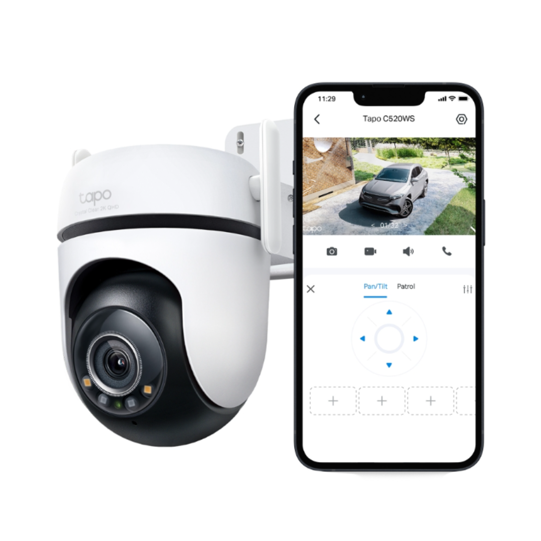 Smart home security camera with smartphone app interface on a white background