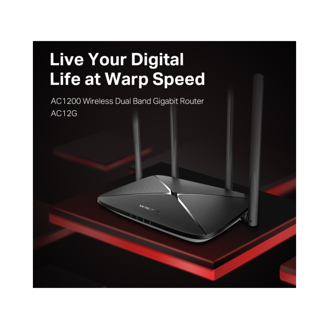 Router with antennas on a black and red platform, featuring text about digital life at warp speed.