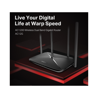 Router with antennas on a black and red platform, featuring text about digital life at warp speed.