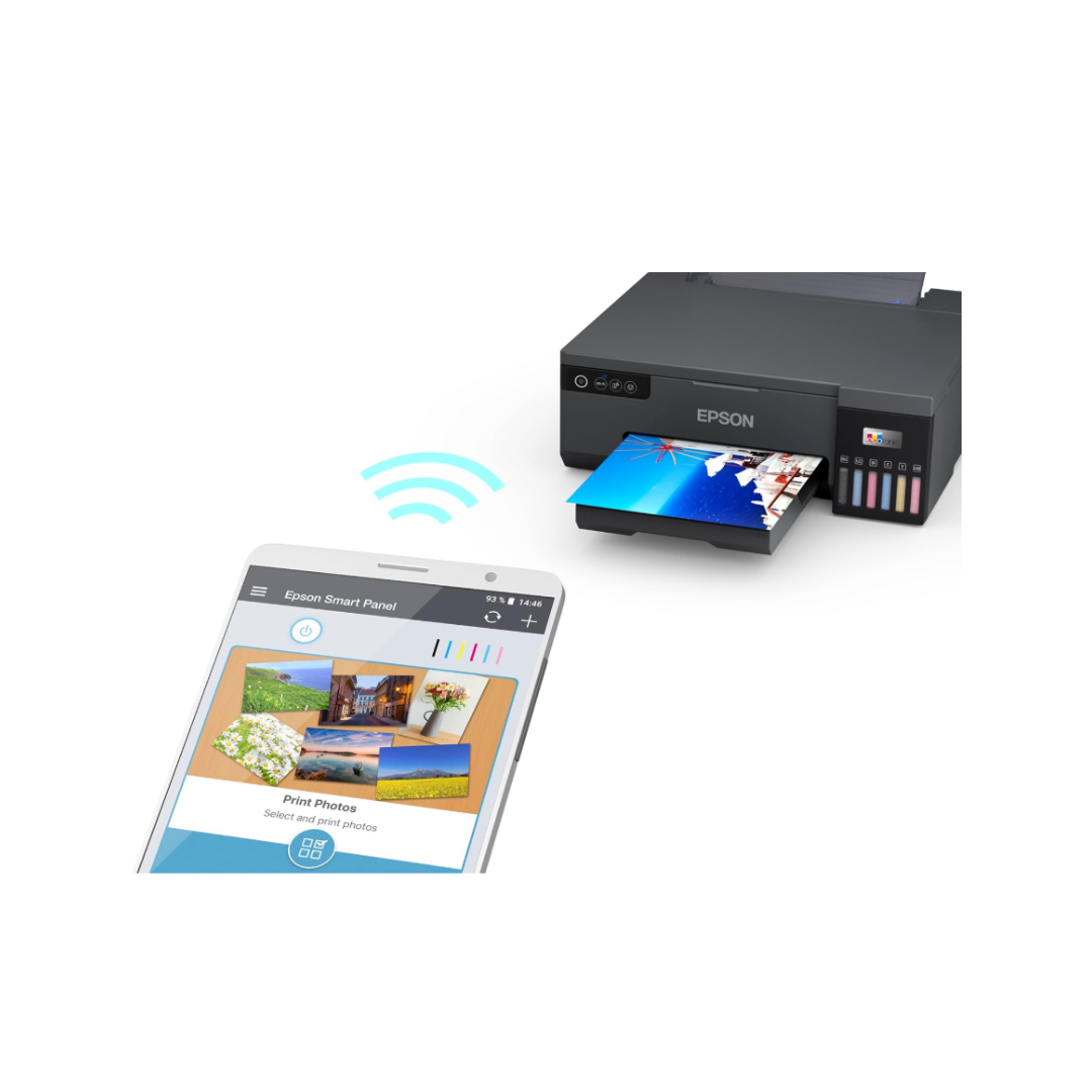 Epson printer with smartphone app on a white background