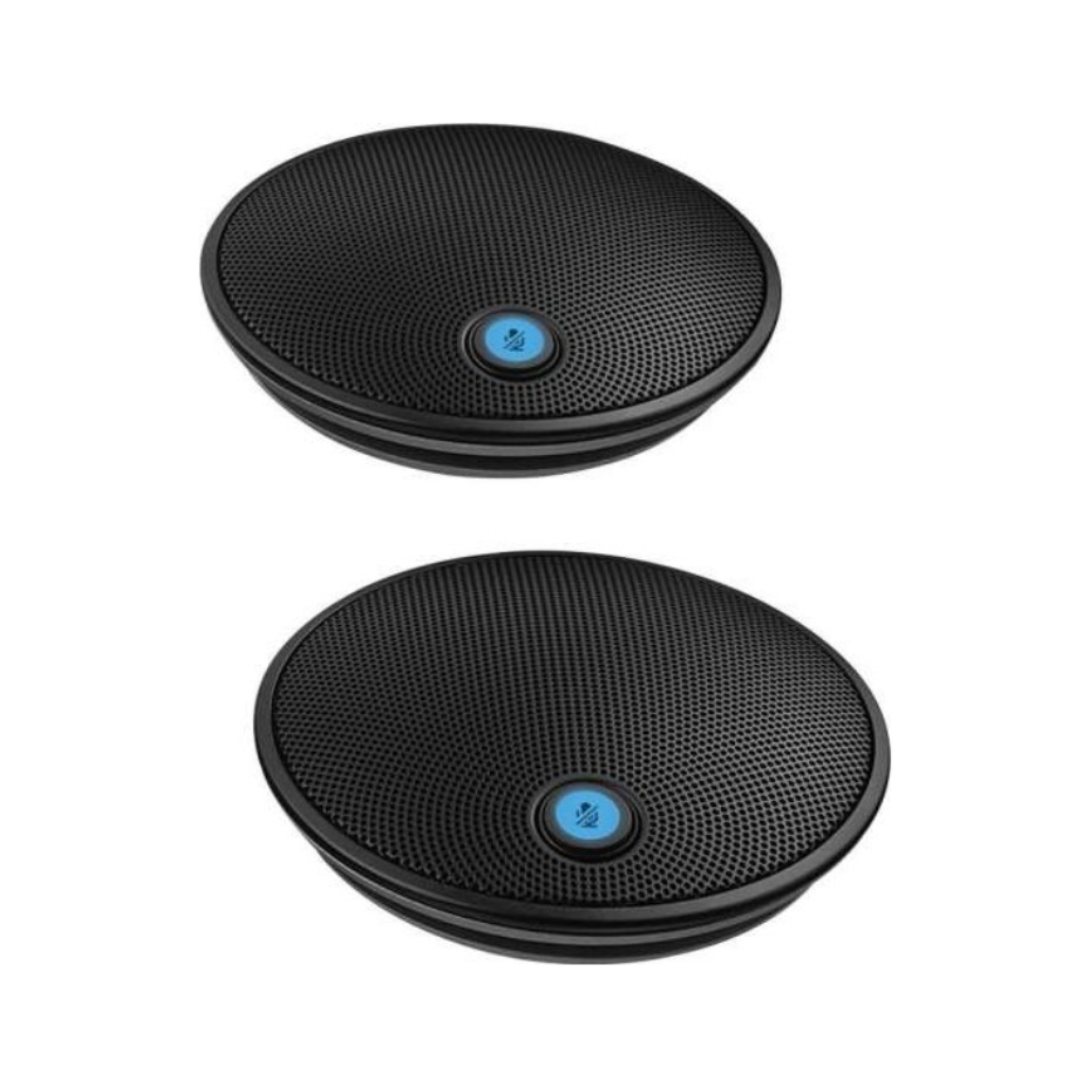 Two black balance pads with blue buttons on a white background