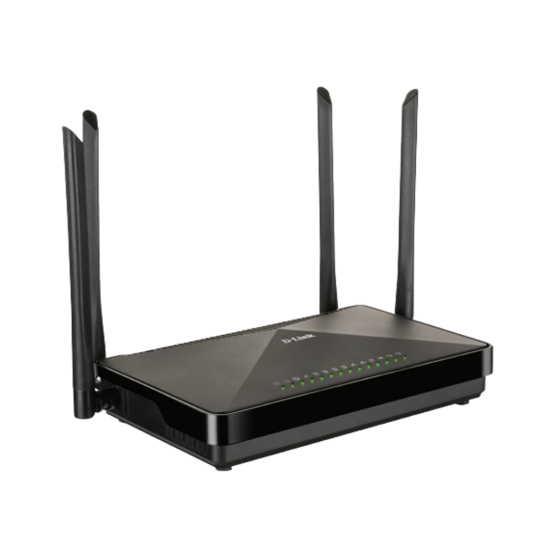 Black router with multiple antennas on a white background