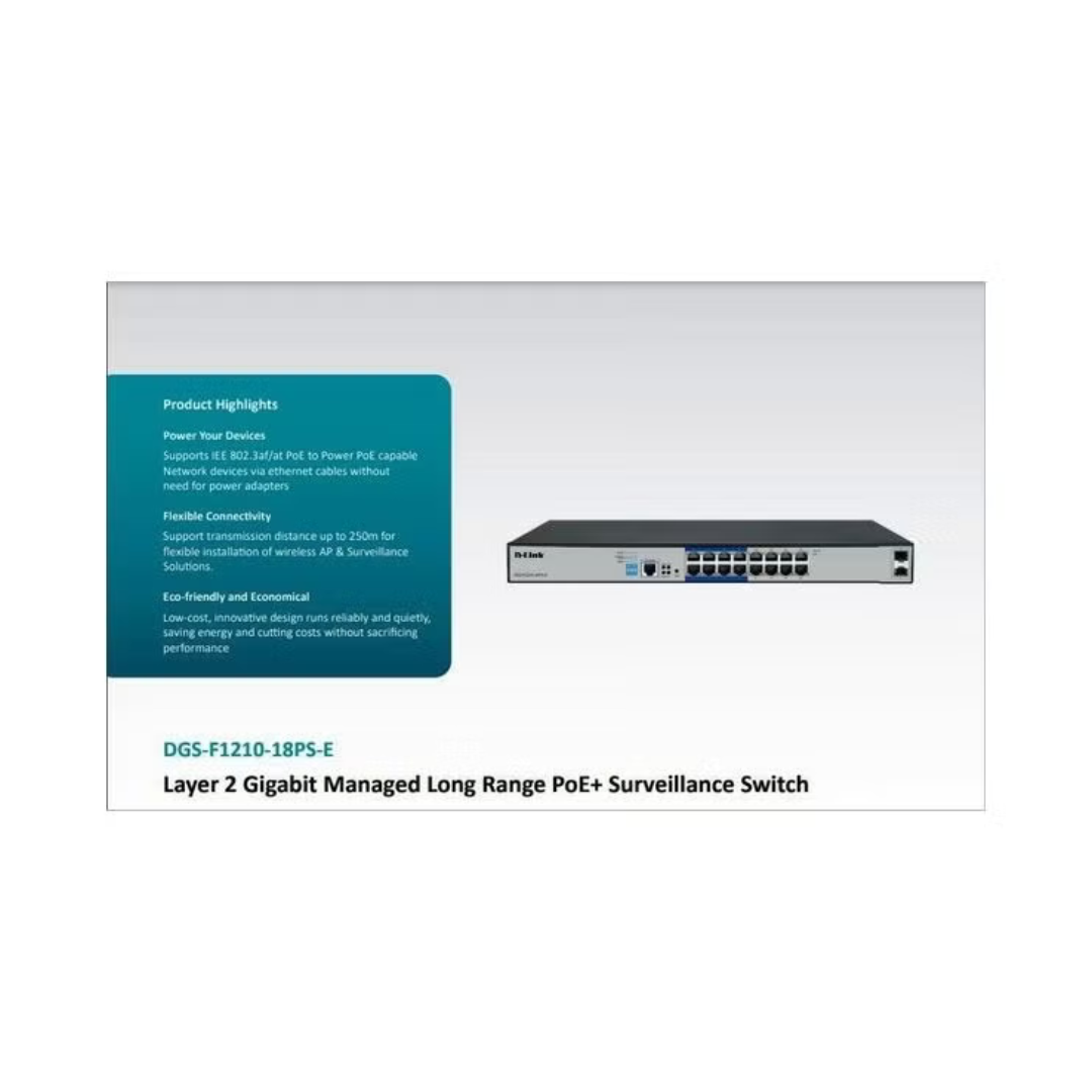 Layer 2 Gigabit Managed Long Range PoE+ Surveillance Switch with product details on a white background