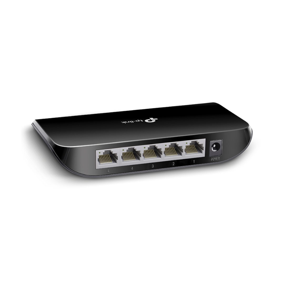Black network switch with multiple Ethernet ports on a white background