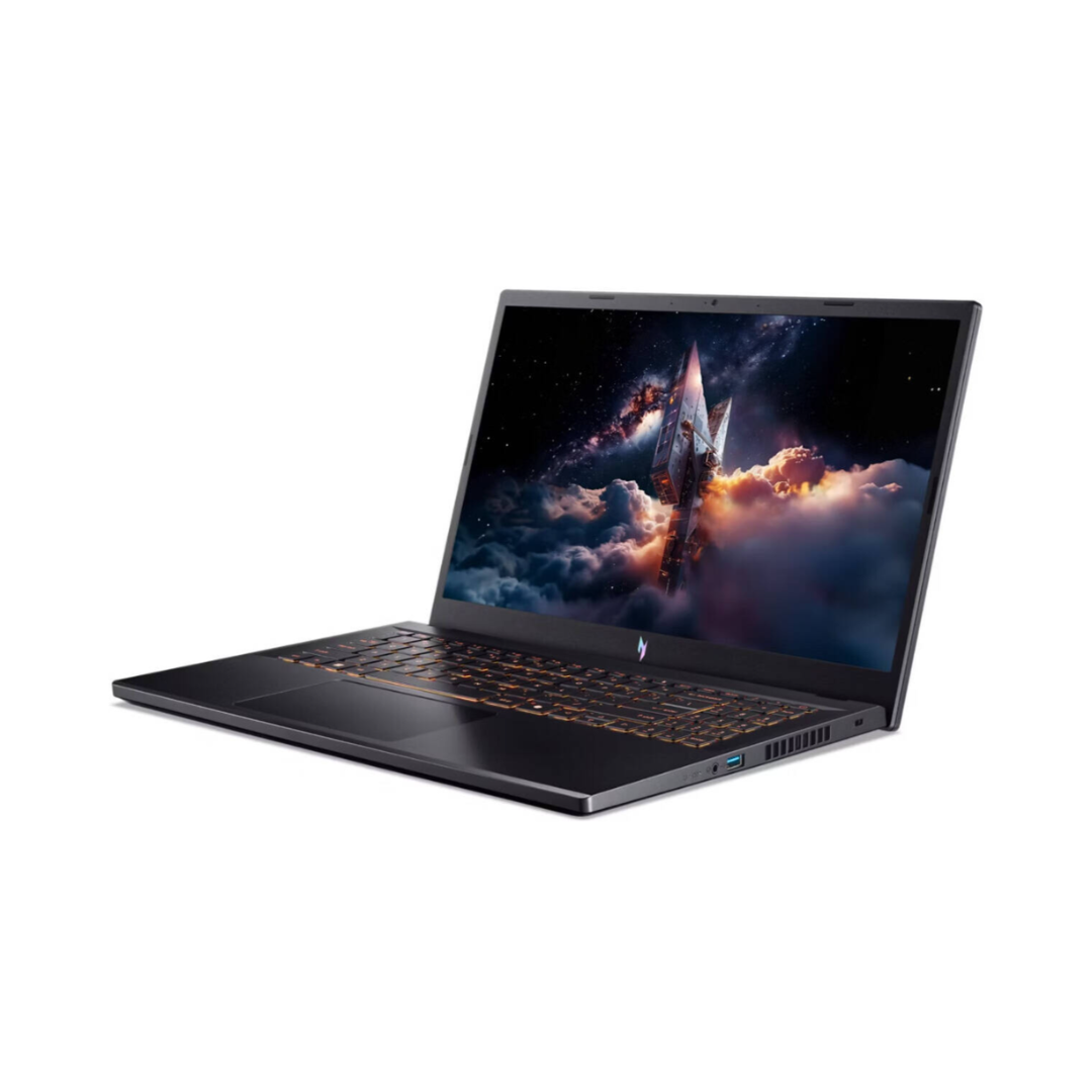 Laptop with a space-themed display on a white background