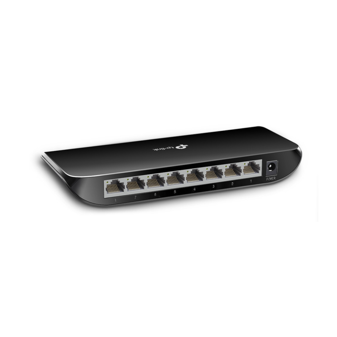 Black network switch with multiple ports on a white background