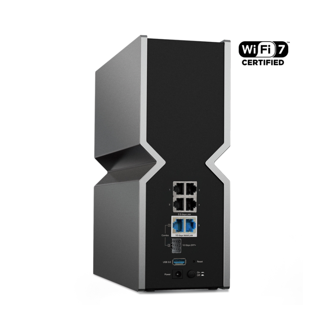 Black router with multiple ports on a white background, featuring WiFi 7 certification logo.