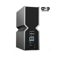 Black router with multiple ports on a white background, featuring WiFi 7 certification logo.