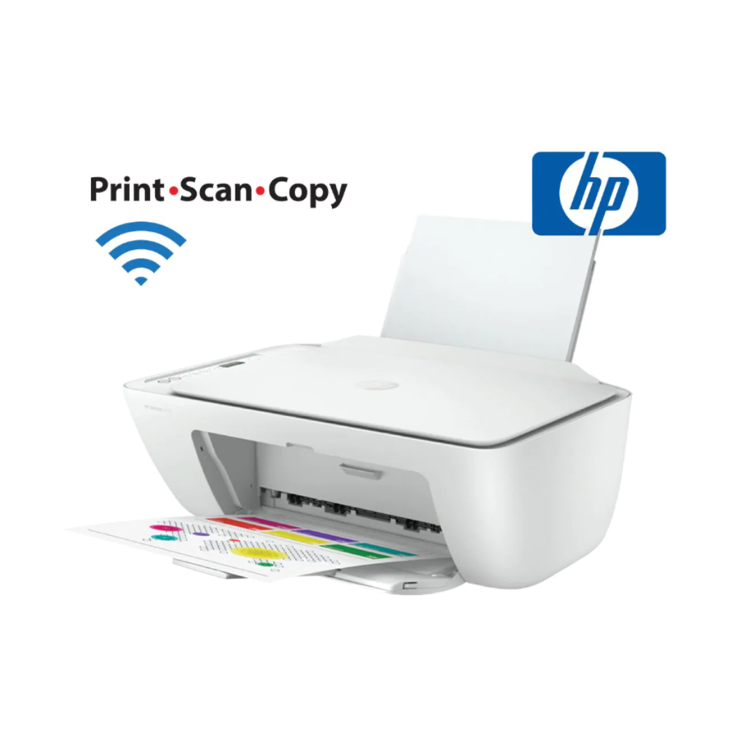 White HP printer with scanning and copying capabilities on a white background