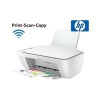White HP printer with scanning and copying capabilities on a white background