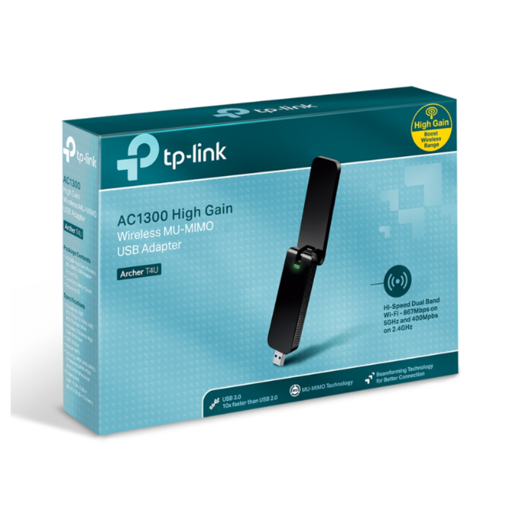 TP-Link AC1300 High Gain Wireless MU-MIMO USB Adapter packaging on a white background