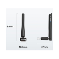 USB adapter with antennas and dimensions labeled on a white background