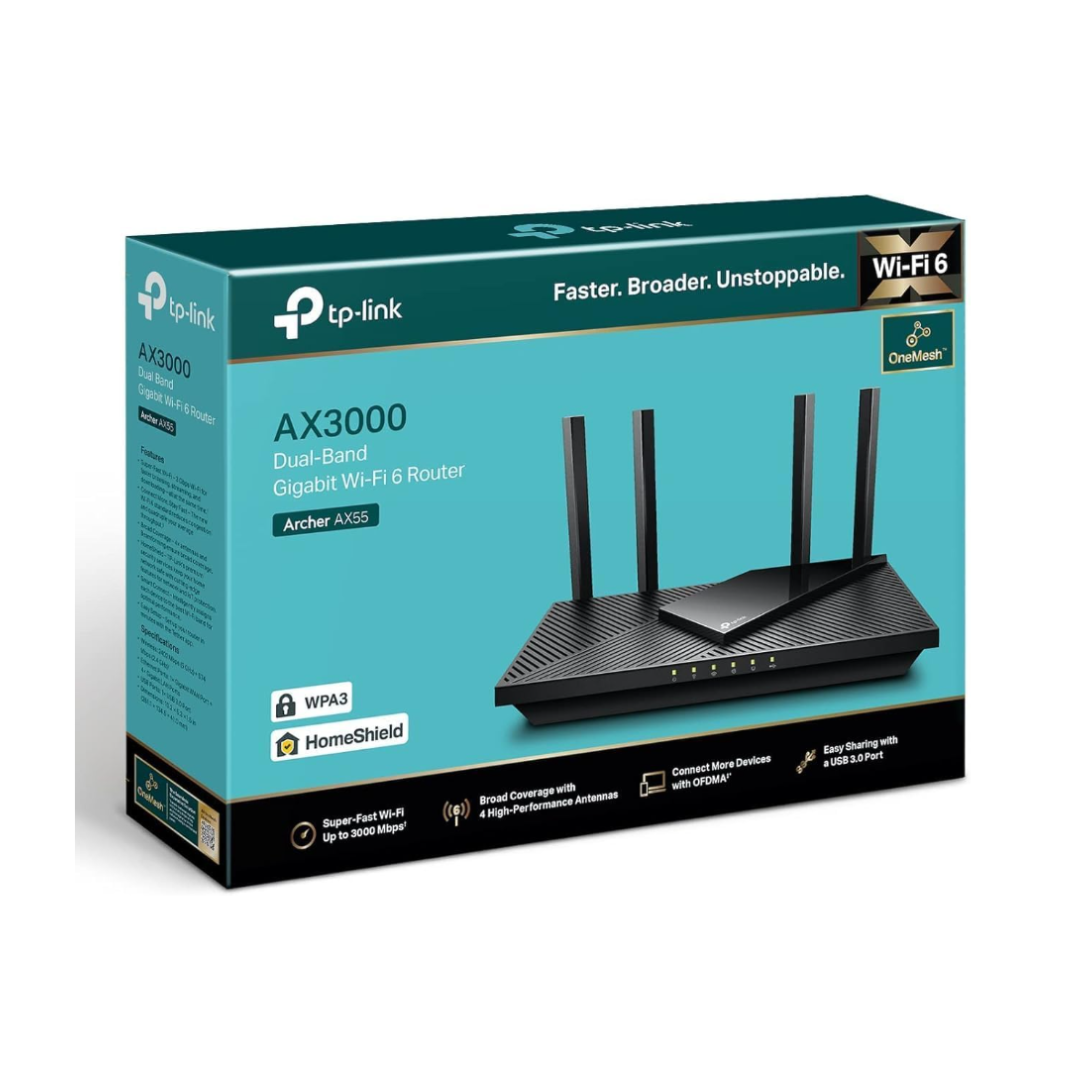 TP-Link router packaging with teal background and router illustration