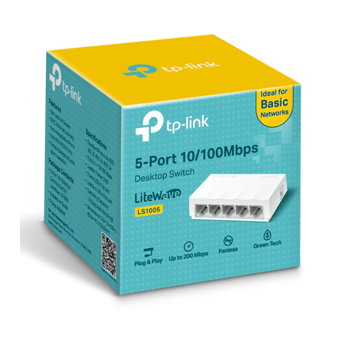 TP-Link 5-port switch packaging on a white background