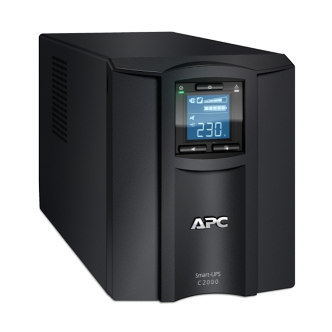 Black APC uninterruptible power supply unit with digital display on a white background