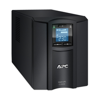 Black APC uninterruptible power supply unit with digital display on a white background