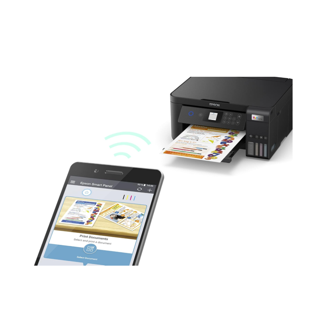 Black printer with a smartphone displaying a printing app on a white background