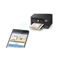Black printer with a smartphone displaying a printing app on a white background