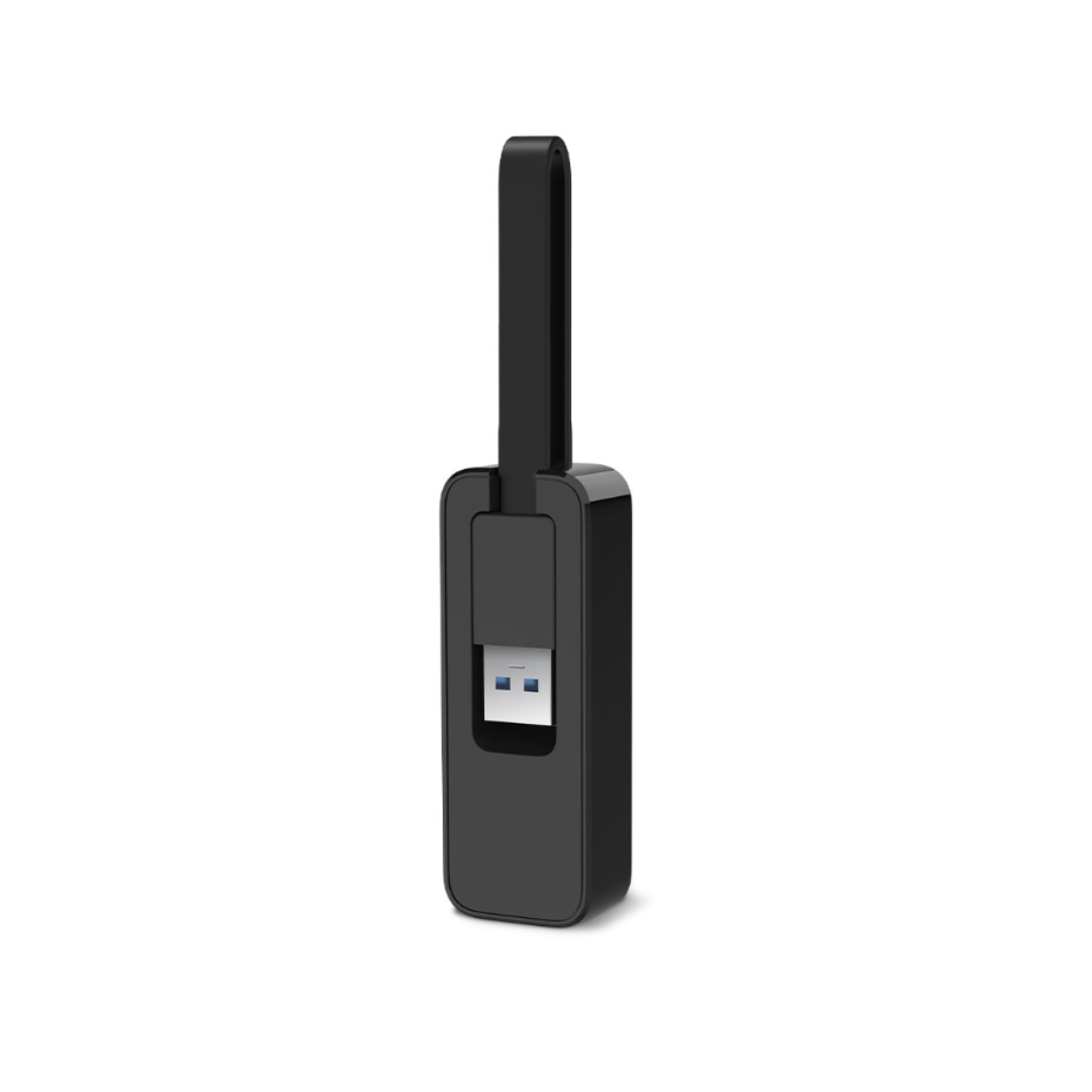 Black electronic device with a USB connector on a white background