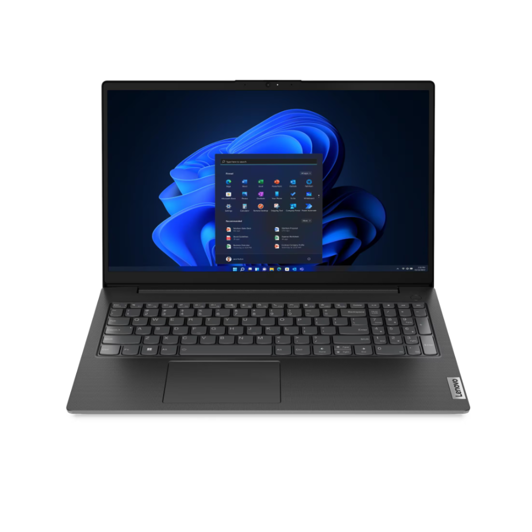Black laptop with a blue abstract design on the screen on a white background