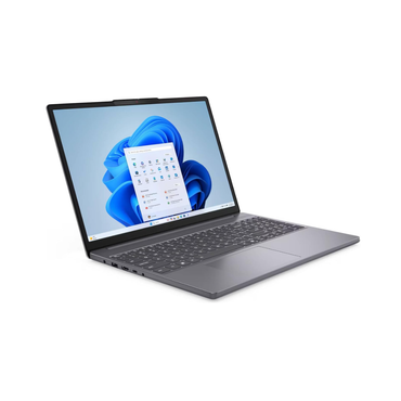 Laptop with a blue flower on the screen on a white background