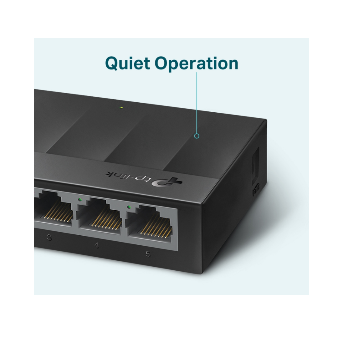 Network switch with 'Quiet Operation' label on a light blue background