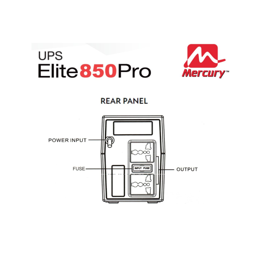 Diagram of UPS Elite 850 Pro rear panel with Mercury logo