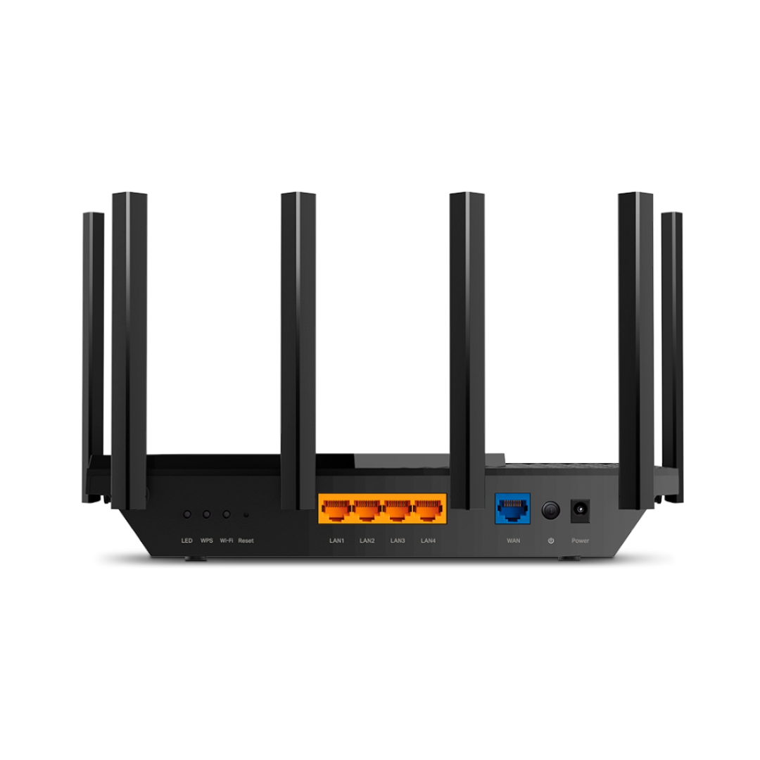 Black router with multiple antennas on a white background