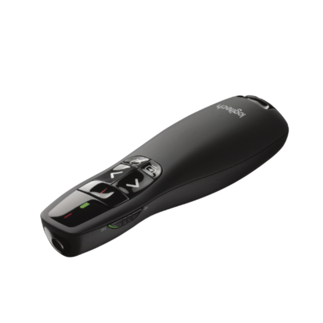 Black laser pointer with visible brand logo on a white background