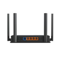 Black router with antennas on a white background