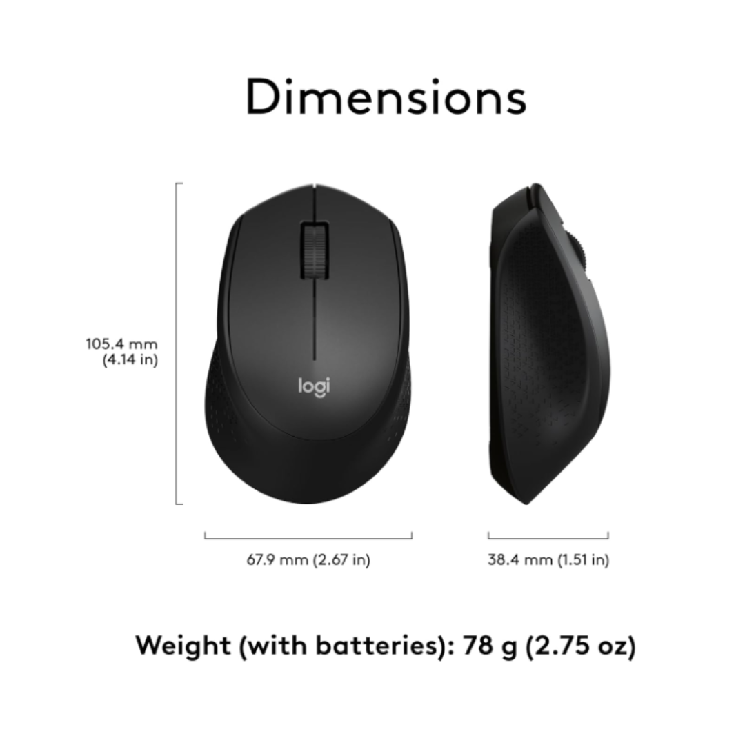 Black mouse with dimensions and weight information on a white background