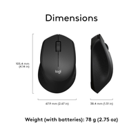 Black mouse with dimensions and weight information on a white background