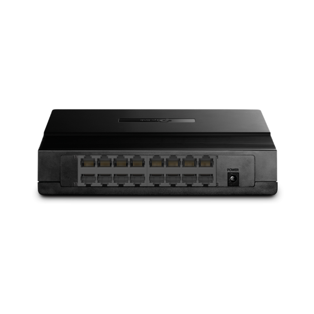 Black network switch with multiple ports on a white background