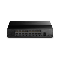 Black network switch with multiple ports on a white background