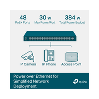 Network switch with power over Ethernet features and TP-Link branding.