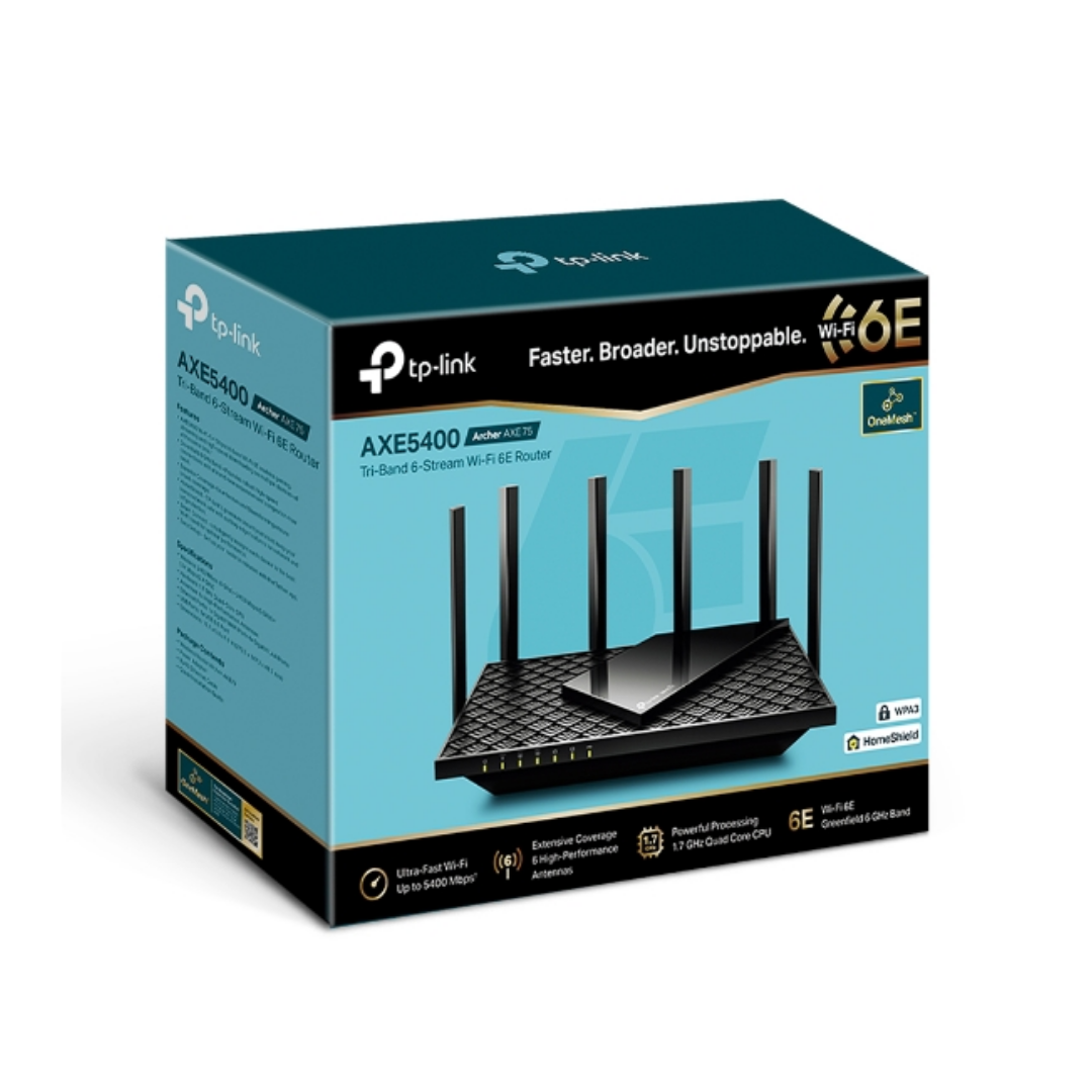 TP-Link router packaging with Wi-Fi 6E branding on a white background