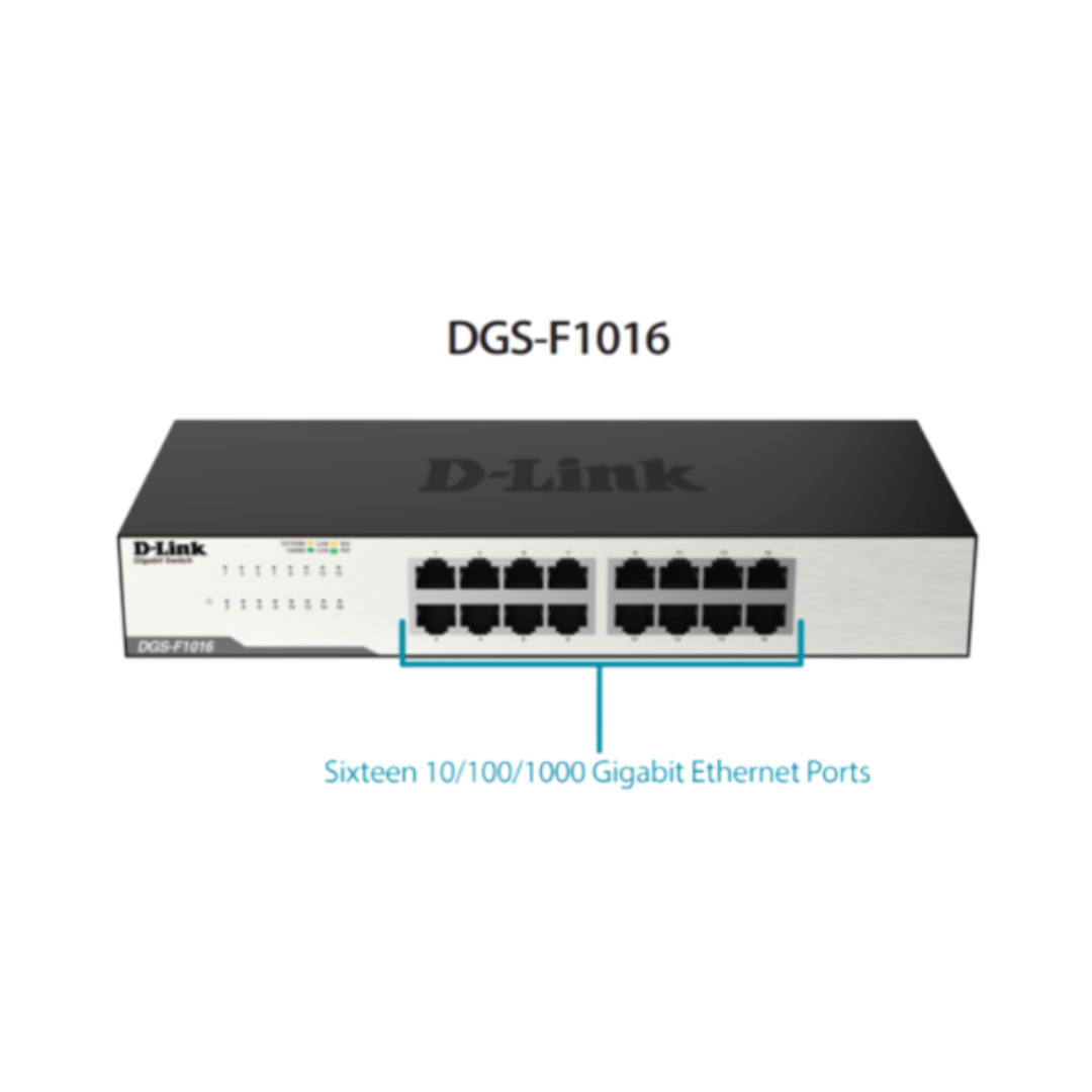 D-Link network switch with 16 Ethernet ports on a white background