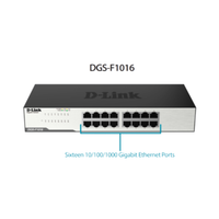 D-Link network switch with 16 Ethernet ports on a white background