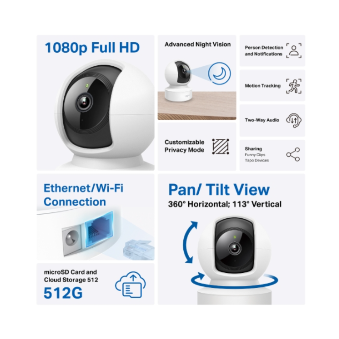 Smart home security camera with features listed on a white background