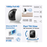 Smart home security camera with features listed on a white background