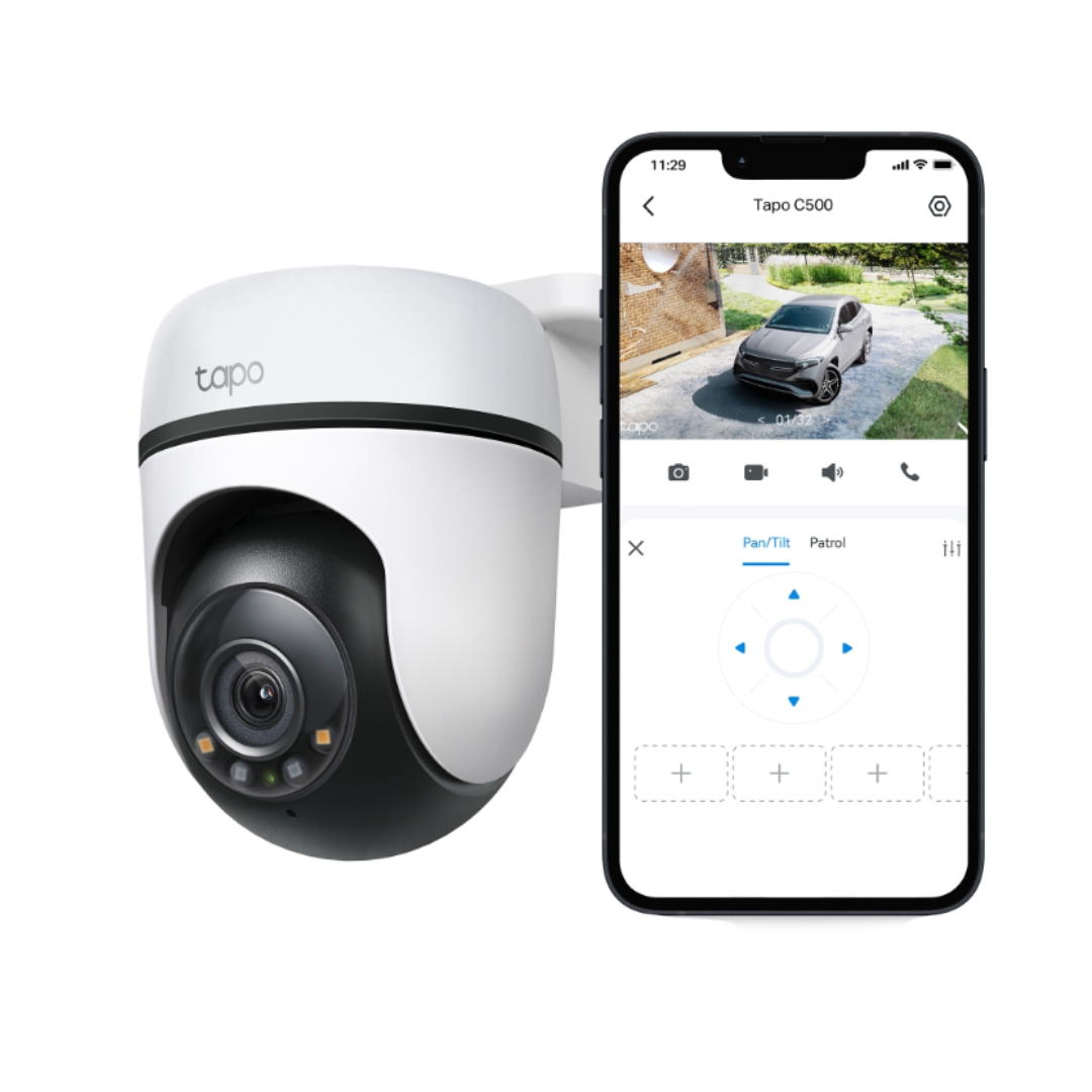 Smart home security camera with smartphone app interface on a white background
