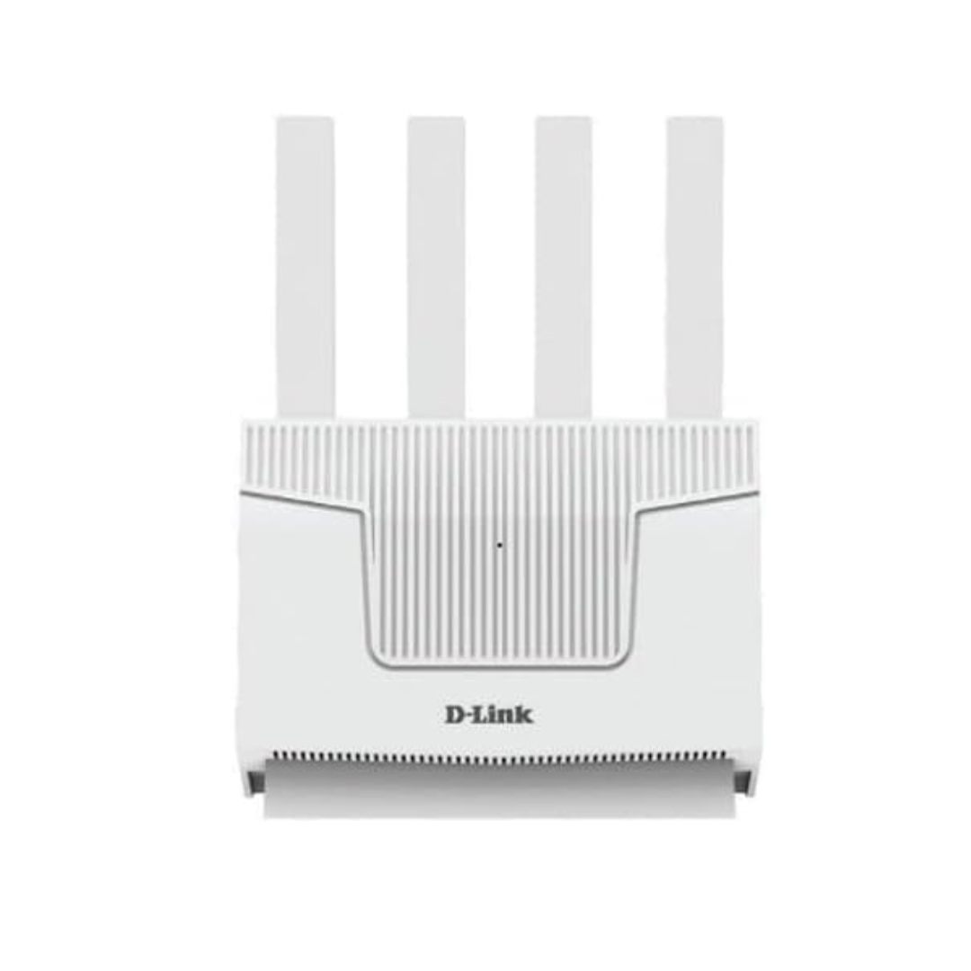 D-Link wireless router with four antennas on a white background