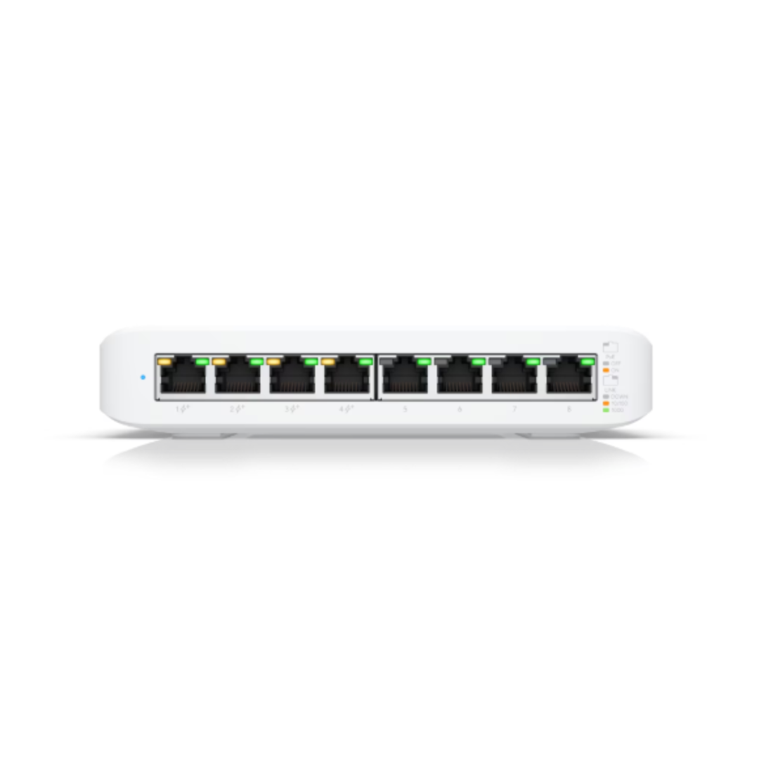 White network switch with multiple ports on a white background