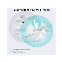 Advertisement for a Wi-Fi range extender with an illustration of a home layout and coverage areas.
