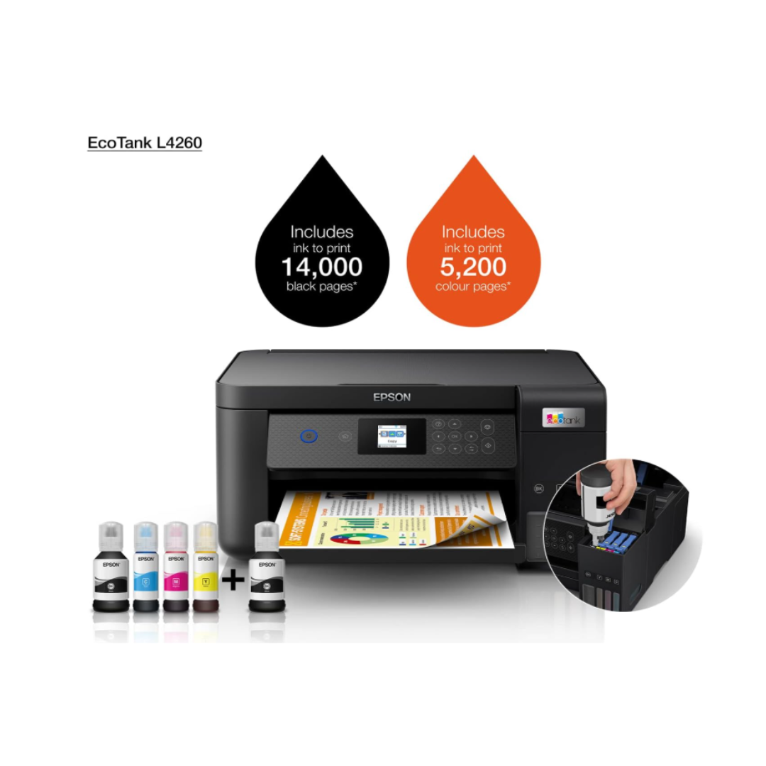 Epson EcoTank L4260 printer with ink bottles on a white background