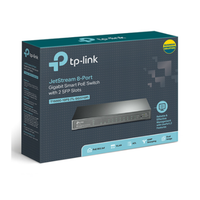 TP-Link JetStream 8-Port Gigabit Smart PoE Switch packaging on a white background