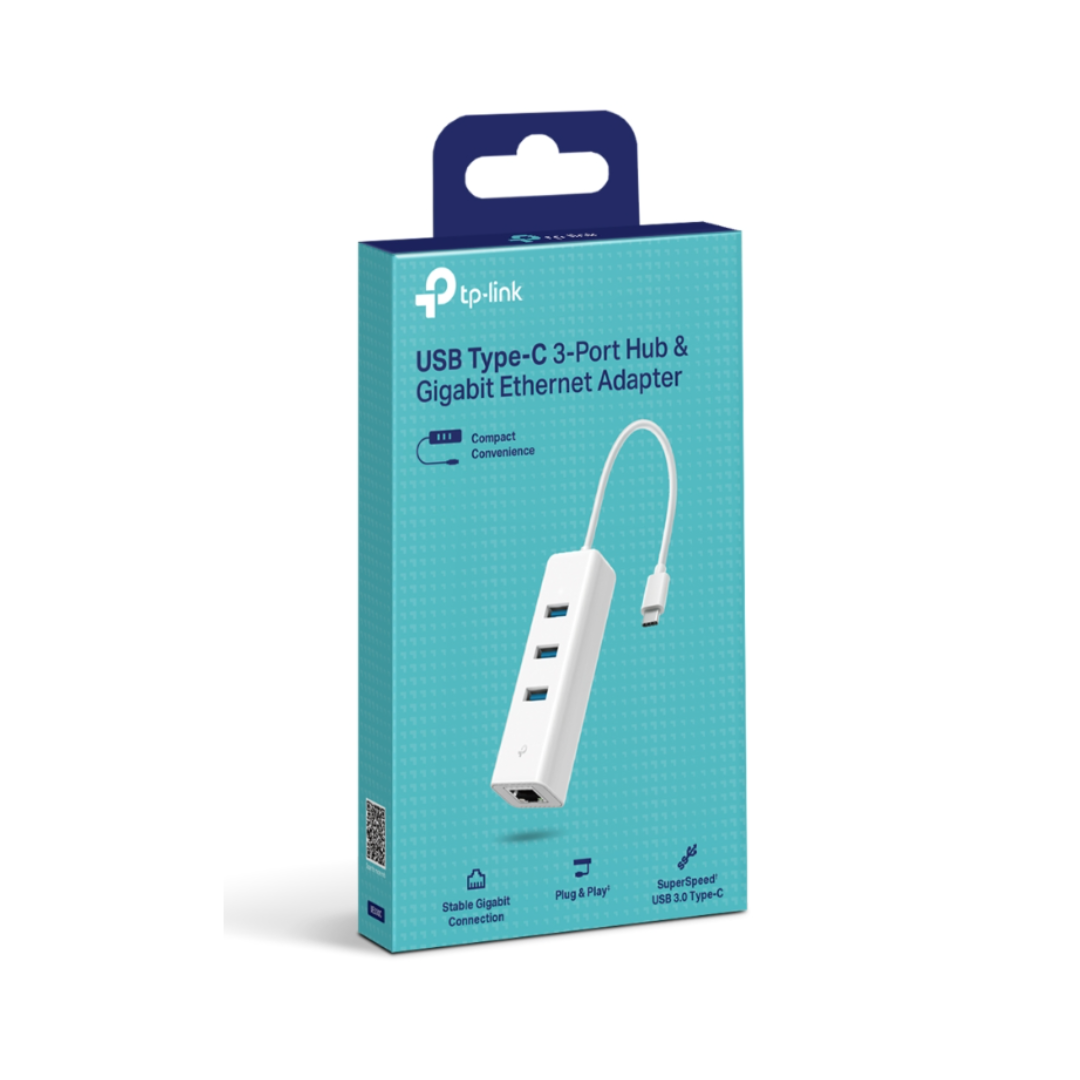 TP-Link USB Type-C 3-port hub and Gigabit Ethernet adapter packaging on a white background